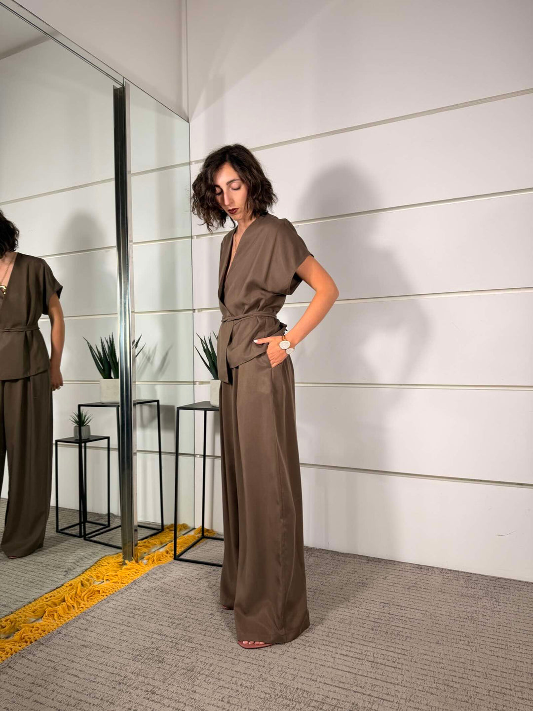completo moka giacca kimono e pantalone a palazzo 3073MOKA SUSY MIX