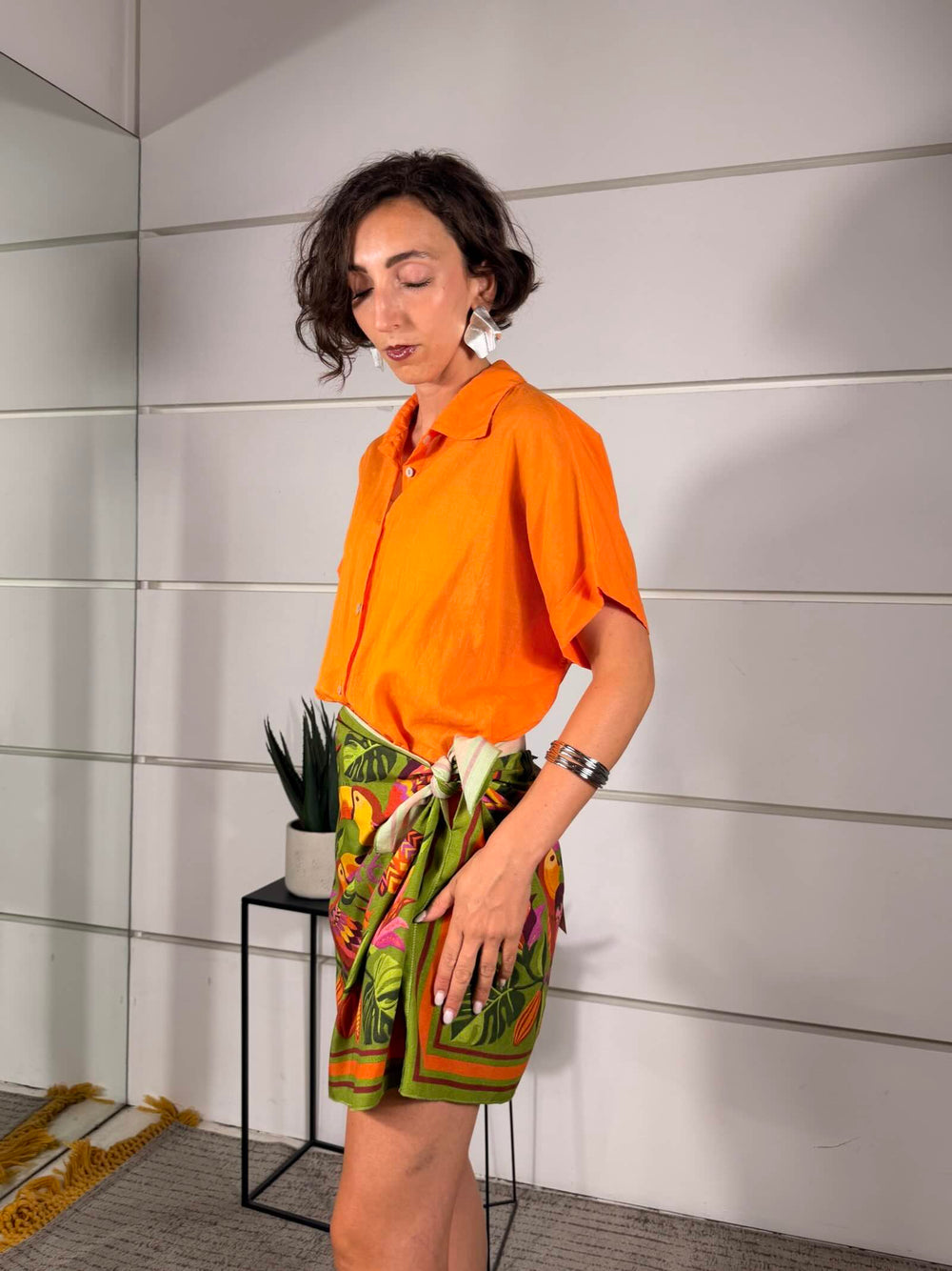camicia arancio manica corta in cotone 