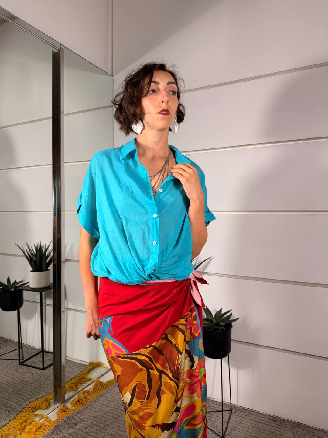 camicia turchese in cotne manica corta 