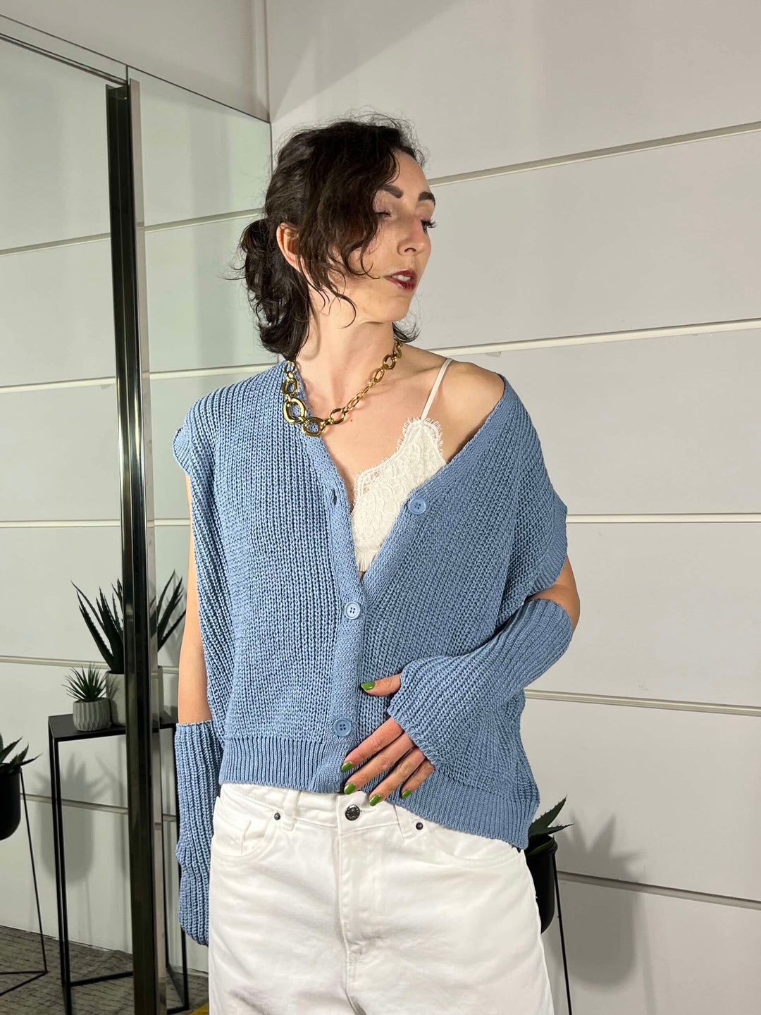 gilet con manicotti in cotone celeste M93007CELESTE SUSY MIX