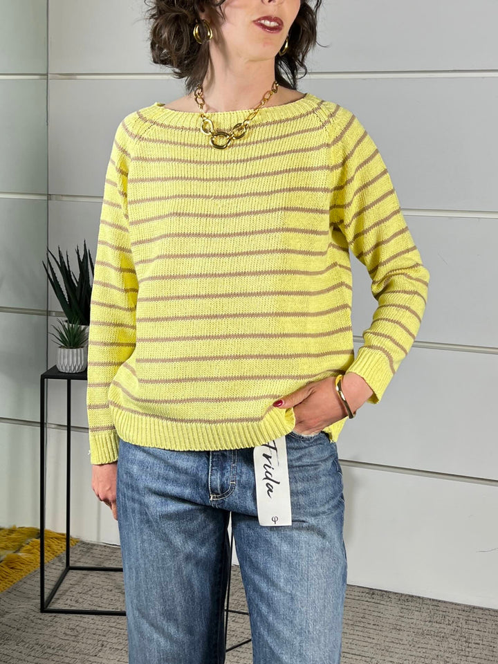 maglia a  barca rigata manica lungagialla e cammello W26063GIALLO SUSY MIX