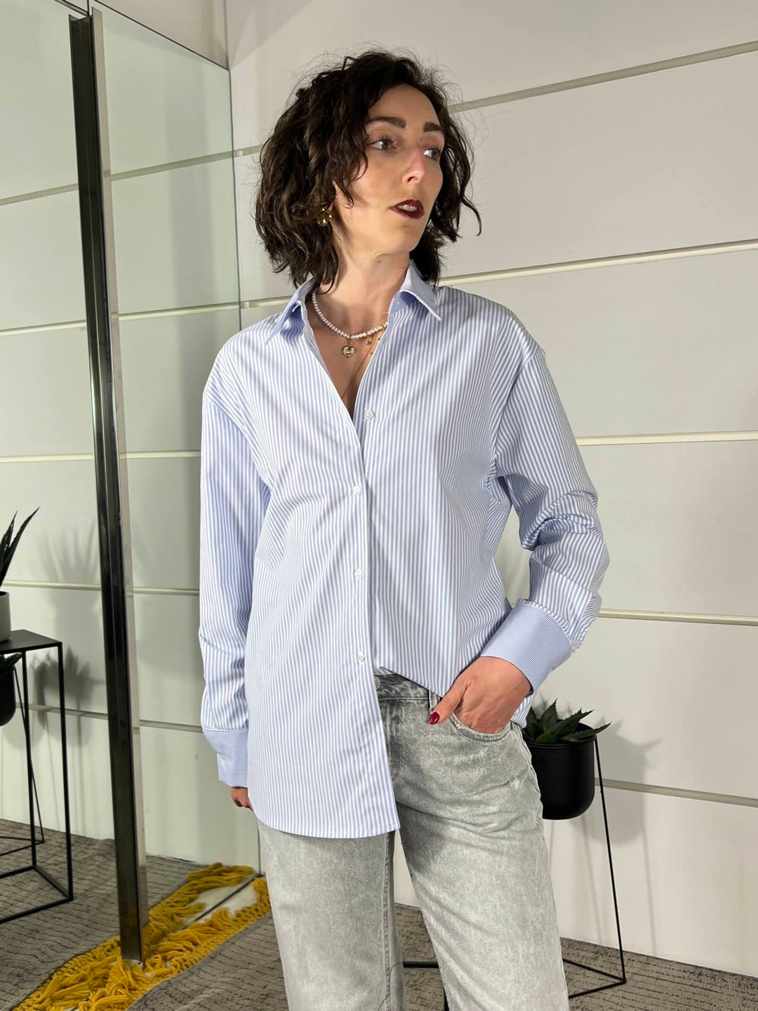 camicia a righe in misto cotone 26C3838CELESTE TENSIONE IN