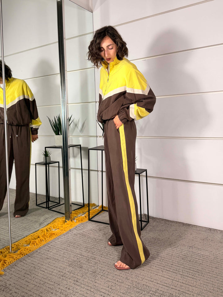 pantalone con banda laterale elastico in vita moro e giallo 26P4584MORO/GIALLO TENSIONE IN