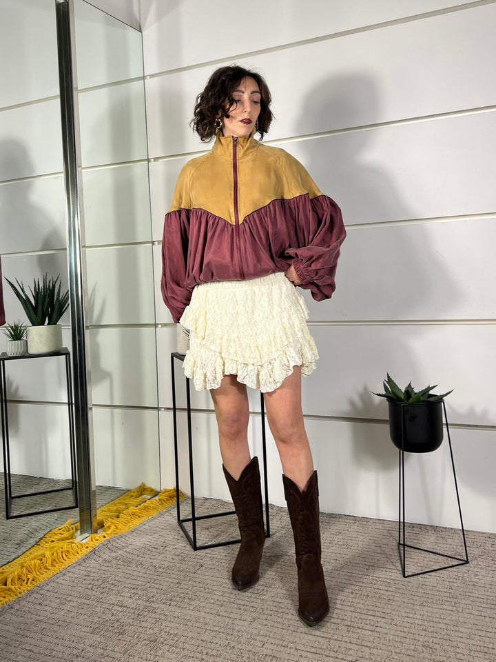 bomber bicolor in vero cupro cupro e viscosa vino e cammello 38829VINO TENSIONE IN