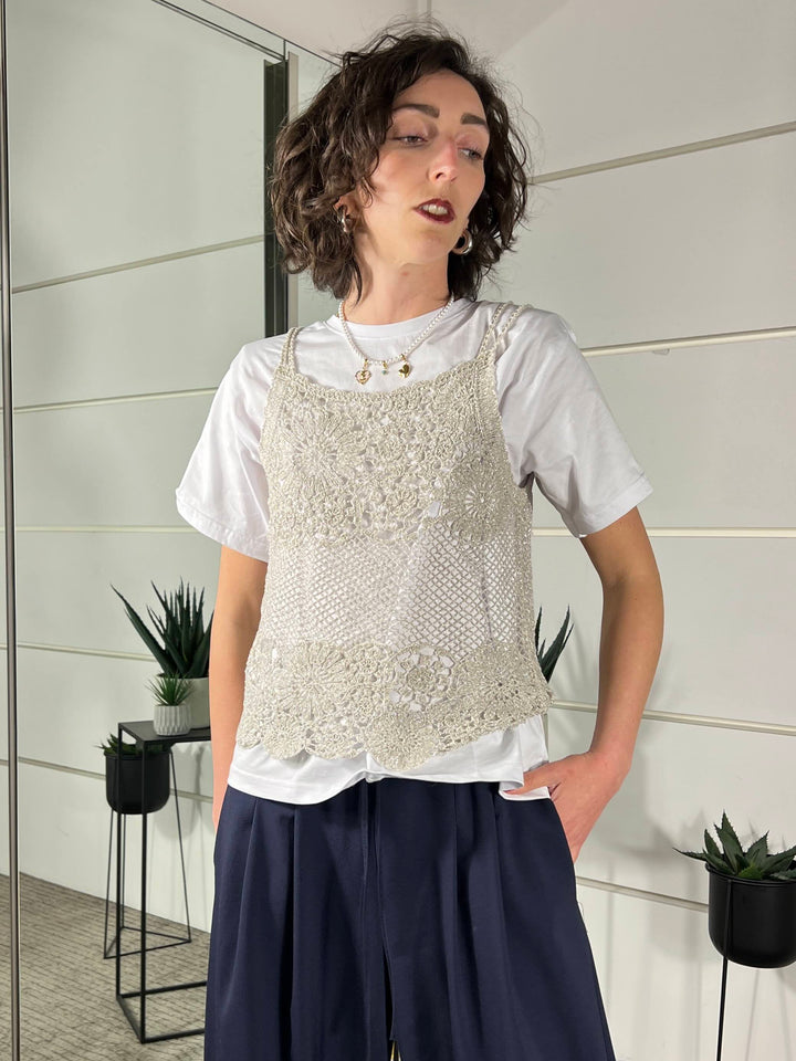canotta con spallina macrame natutale con filo lurex D74867NATURALE TENSIONE IN