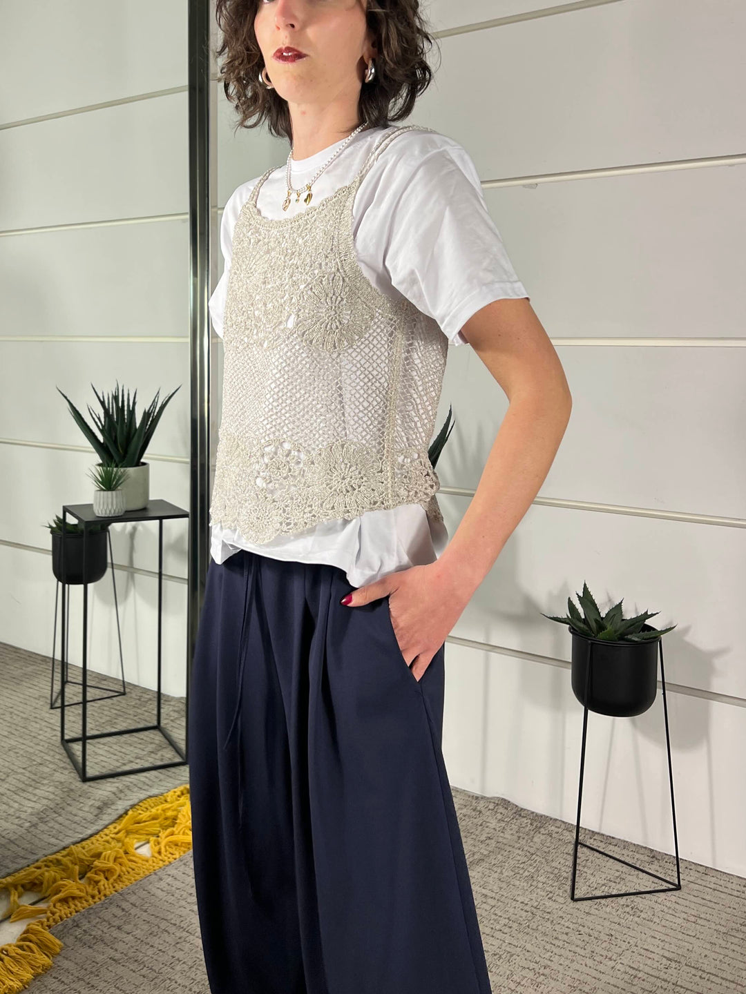 canotta con spallina macrame natutale con filo lurex D74867NATURALE TENSIONE IN