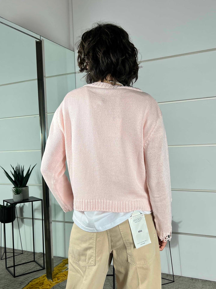 maglia paricollo con dettaglio lavorazione nella manica rosa D90167ROSA TENSIONE IN
