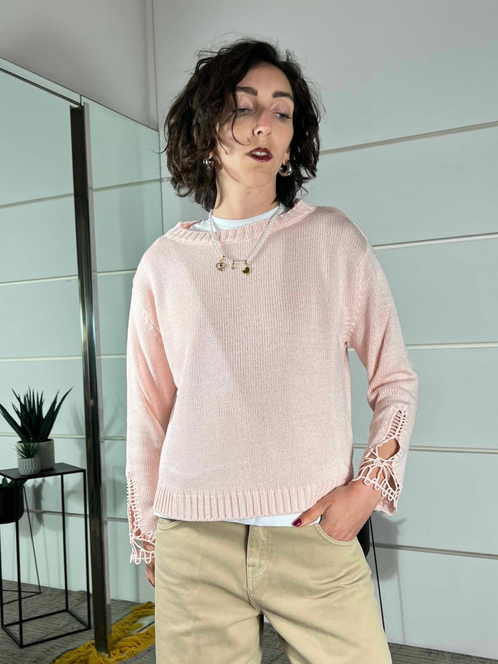 maglia paricollo con dettaglio lavorazione nella manica rosa D90167ROSA TENSIONE IN