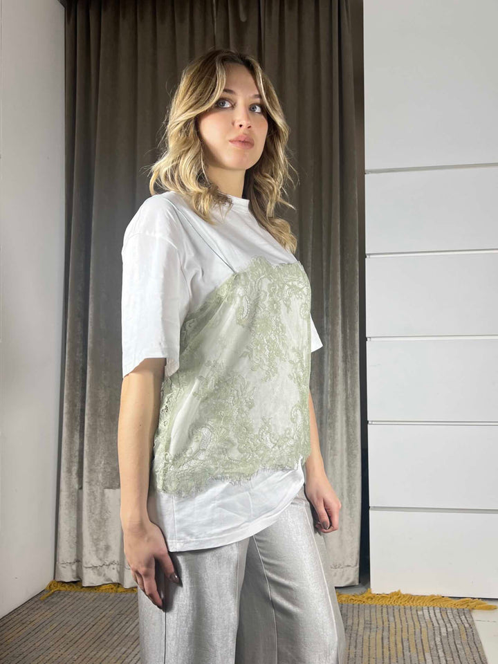 t-shirt bianca con top in pizzo light kaki PE260052BIANCO/LIGHT KAKHI TENSIONE IN