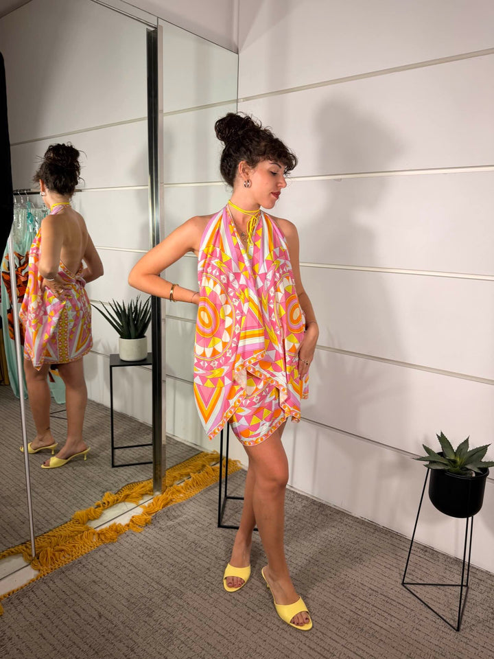 top a fazzoletto a fantasia multicolor con scollo nel retro 