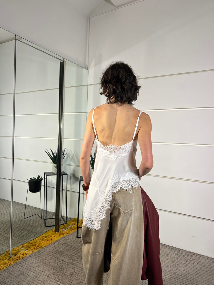 top bianco asimmetrico con pizzo bianco S26T482BIANCO TENSIONE IN
