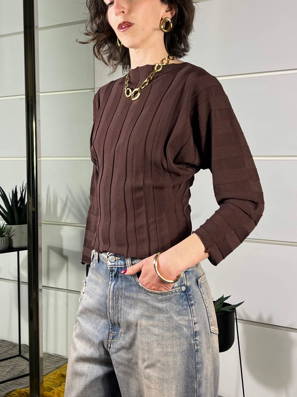 maglia a costa, manica  apipistrello fondente 2AB2140FONDENTE VICOLO