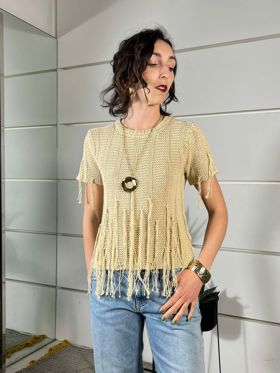 maglia manica corta con frange burro 3AB3025BURRO 04 VICOLO