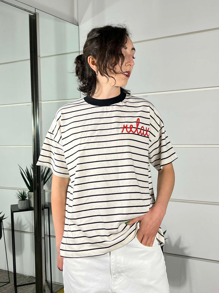 t-shirt a righe cons critta relax RAB0680NATURALE/NERO VICOLO