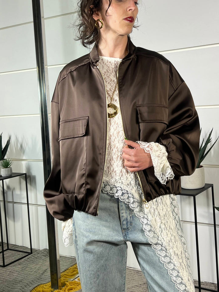 bomber con tasca satin cioccolato TAB0623CIOCCOLATO VICOLO