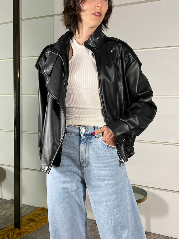 bomber in ecopelle collo alto nero TAB1047NERO VICOLO
