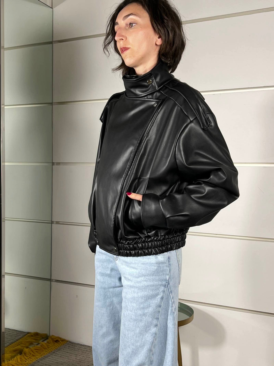 bomber in ecopelle collo alto nero TAB1047NERO VICOLO