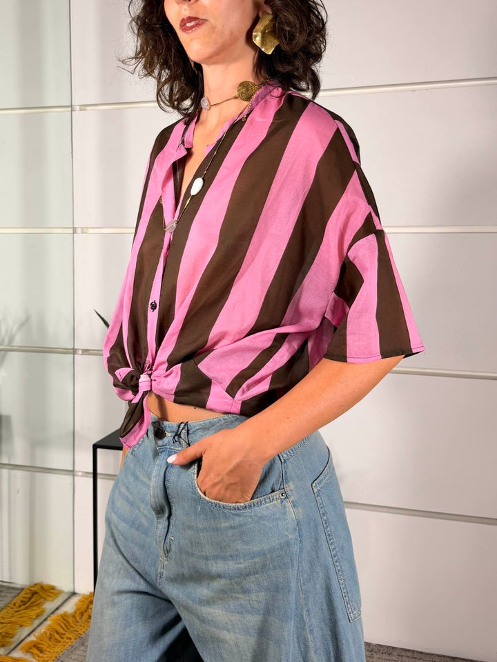 camicia in mussola a righe moro e geranio 