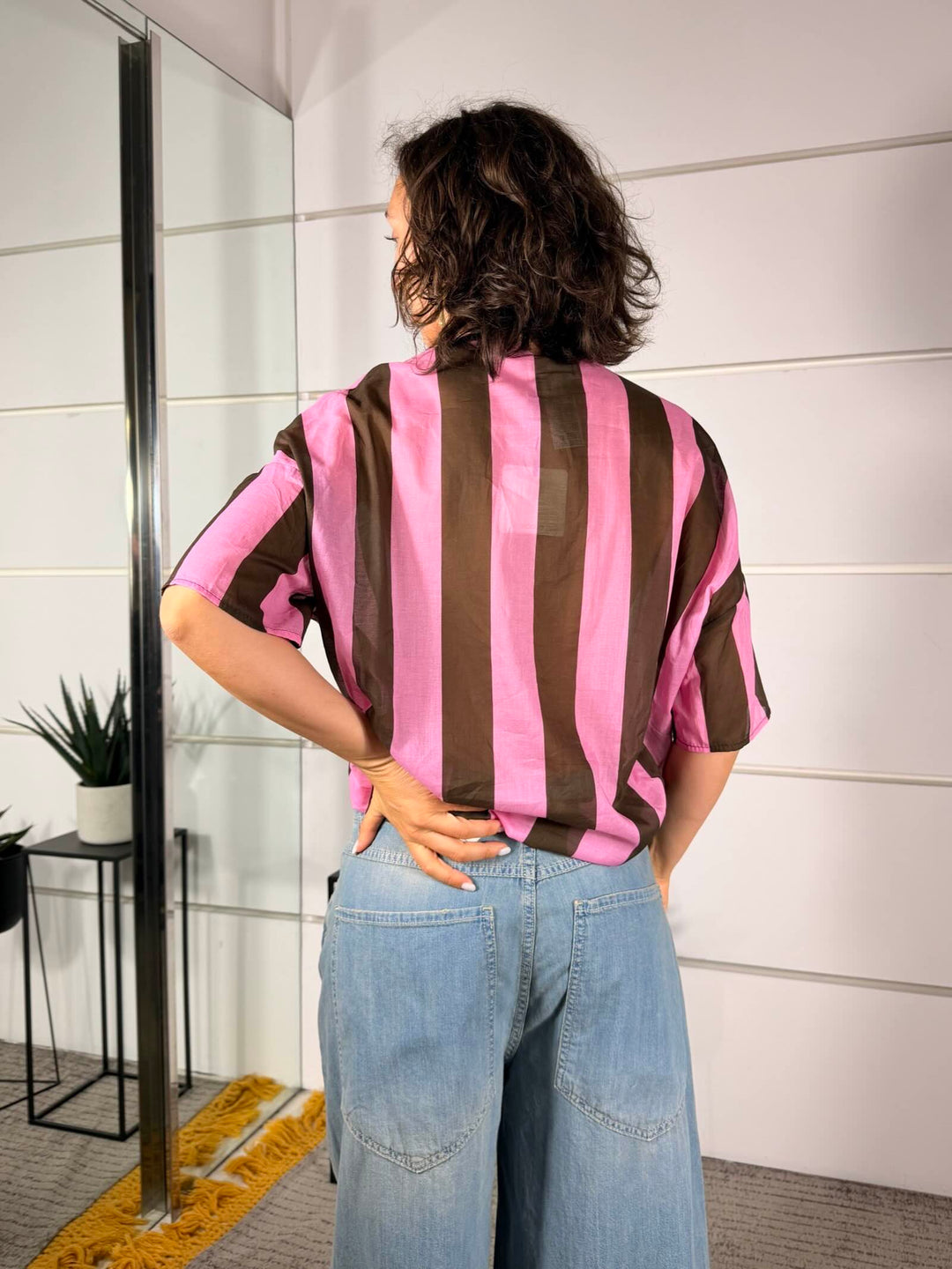 camicia in mussola a righe moro e geranio 