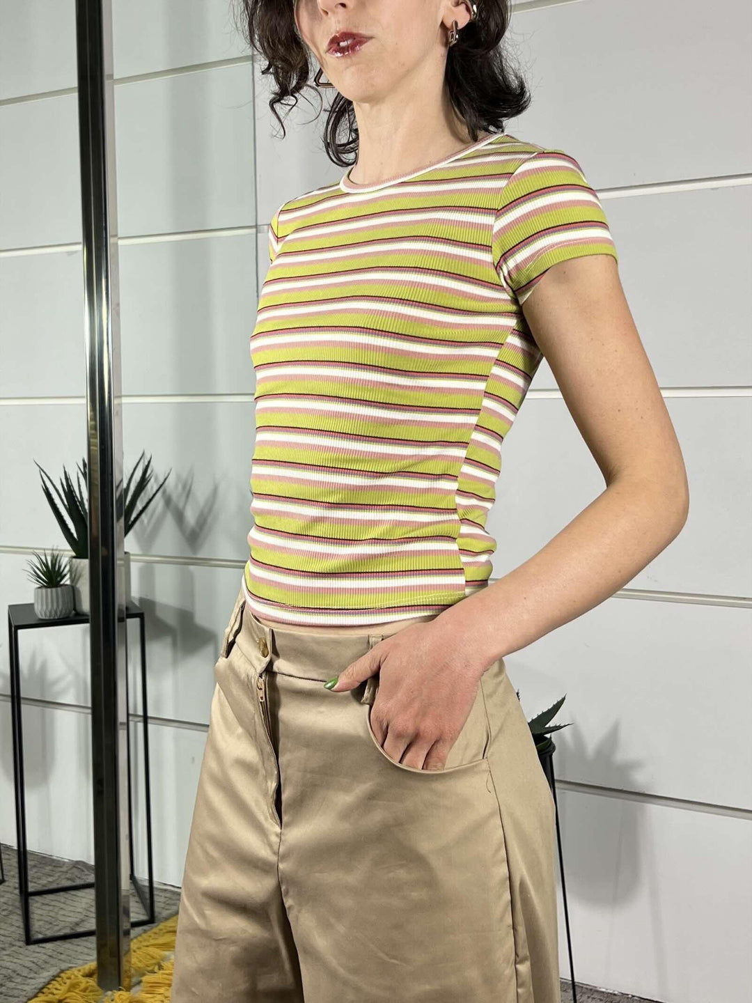 t-shirt a girocollo manica corta a righe colorate verde 12487GREEN FEMME SELECTION