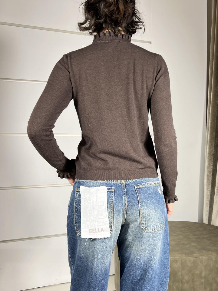 maglia moro in viscosa con rouches nel collo e nella manica MNC-P059MORO HAVE ONE