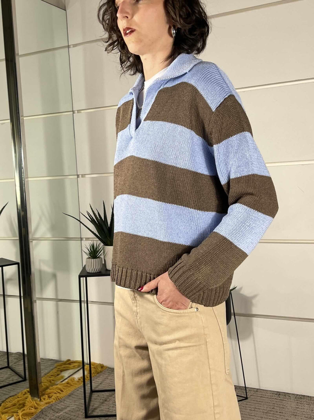 maglia a polo over a righe moro e azzurra D90131MORO/AZZURRO TENSIONE IN