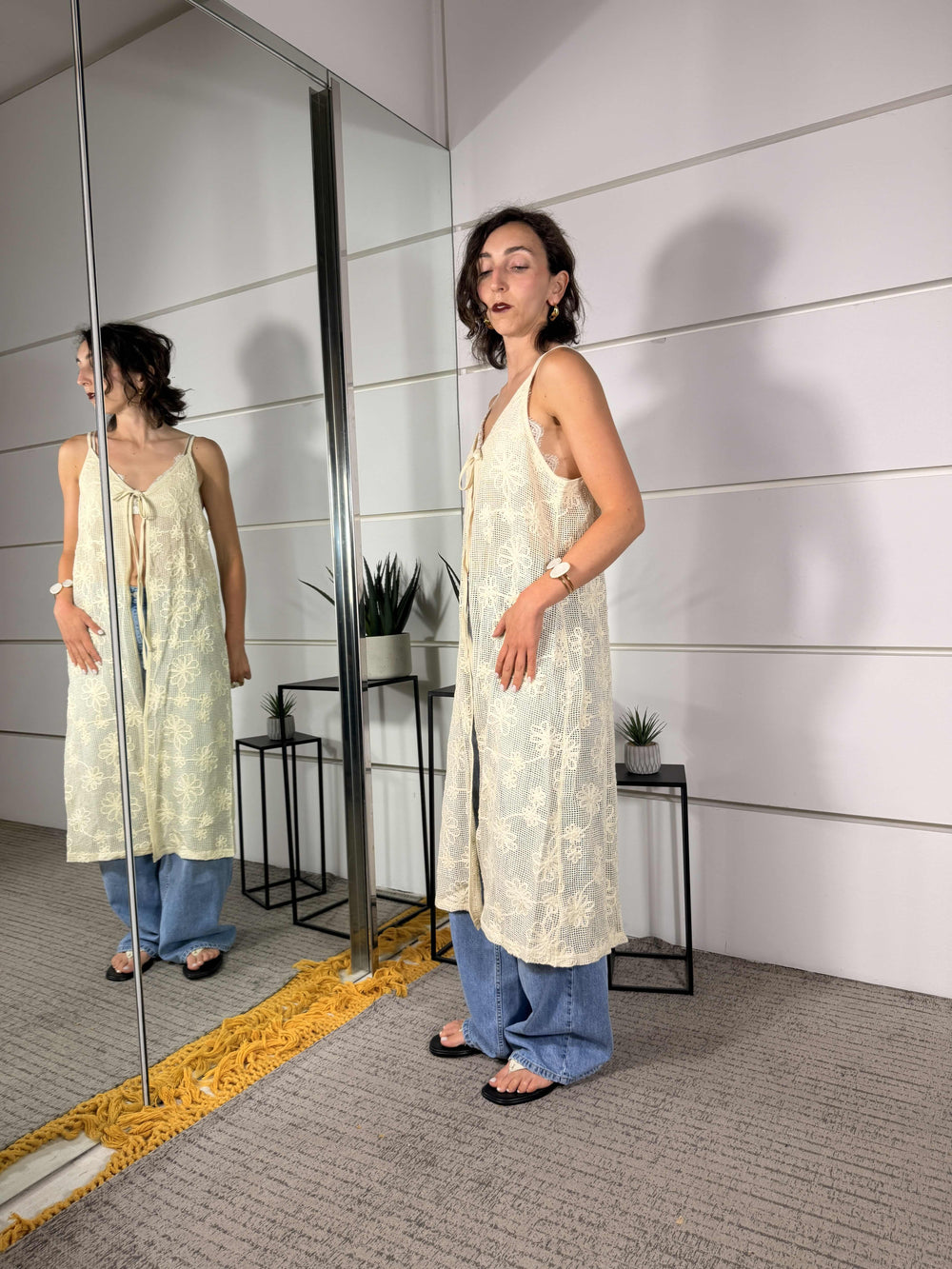 Gilet lungo a rete con fiori panna WM2465PANNA SPICY CAFE