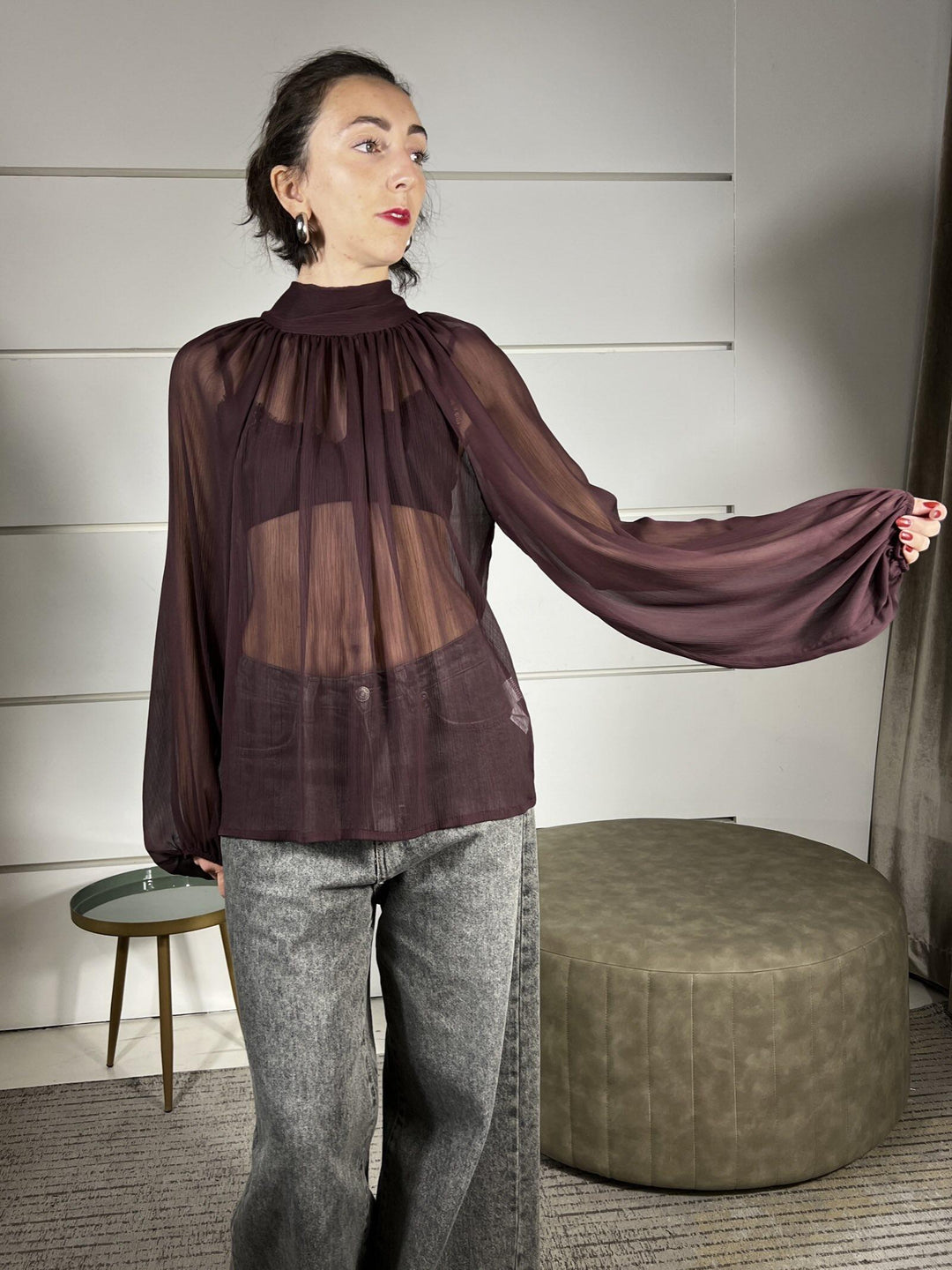 camicia semitrasparente con fiocco nel retro vino S01E0439VINO PHILIA LOFT