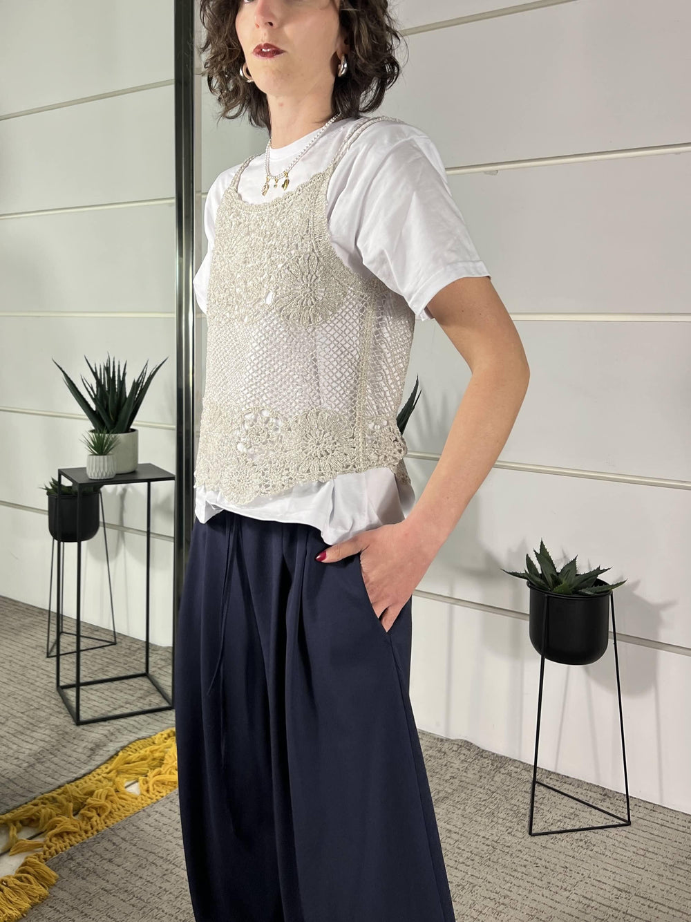 canotta con spallina macrame natutale con filo lurex D74867NATURALE TENSIONE IN