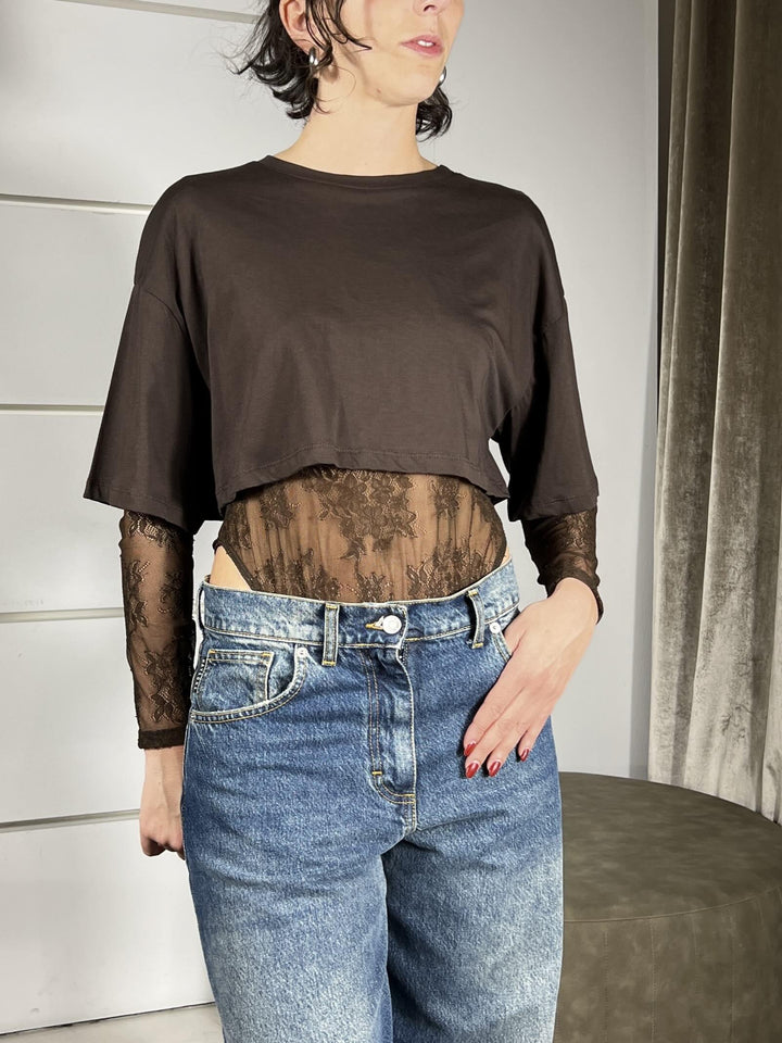 t-shirt con body in pizzo moro UF0157MORO VICOLO