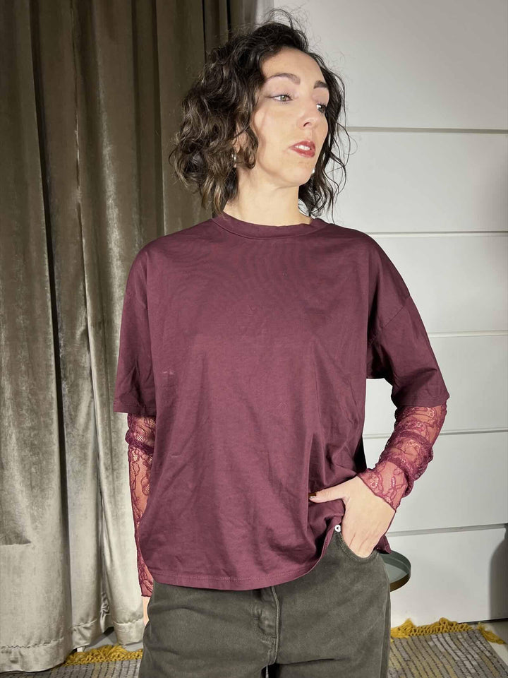 t-shirt vino manica corta con pizzo 11073VINO SUSY MIX