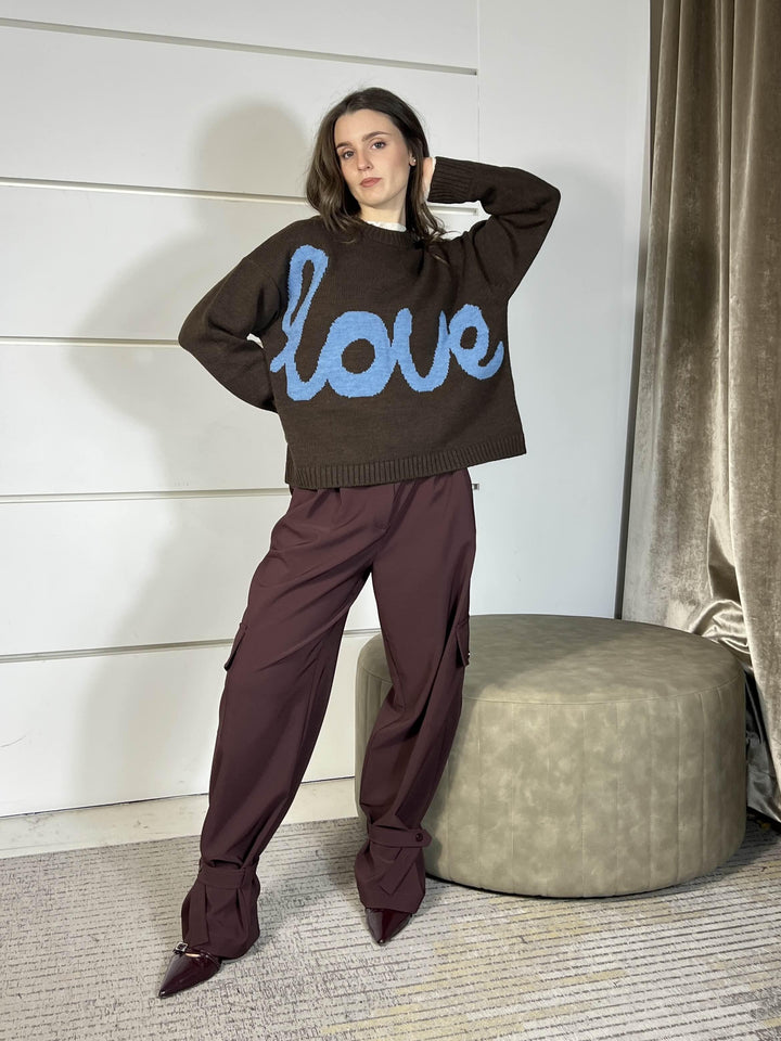 maglione girocollo moro con scritta  love azzurra W5HMJ70A400BROWN TENSIONE IN