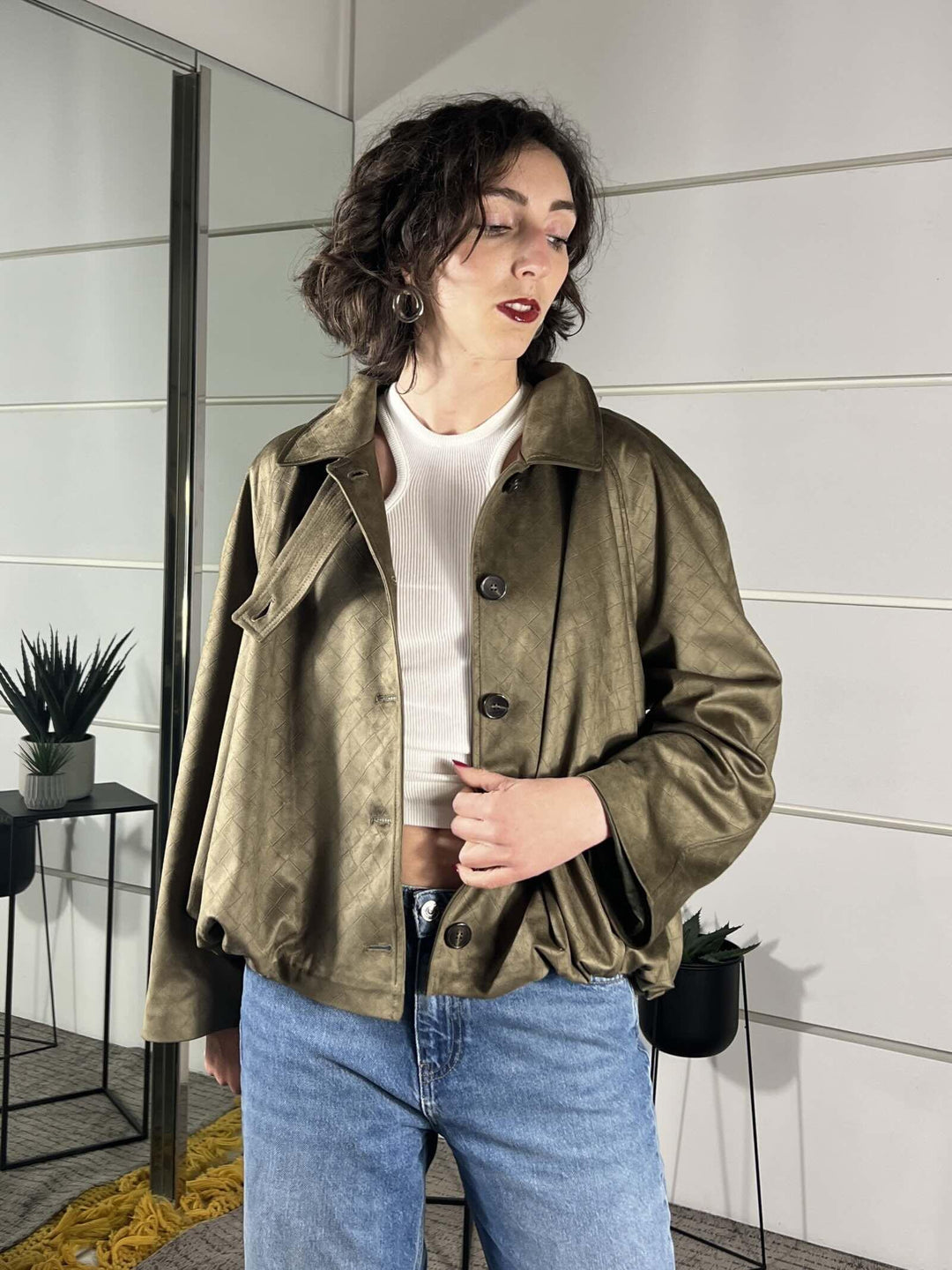 bomber a intreccio con collo a camicia, in ecopelle militare 26B4164MILITARE TENSIONE IN