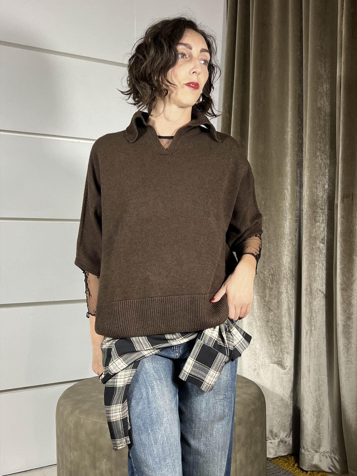 maglione a polo manica corta over marrone D80886MARRONE TENSIONE IN