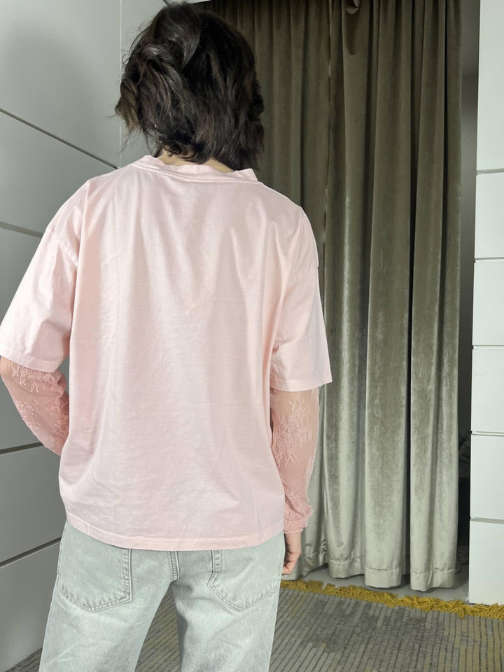 t-shirt  manica corta con manica in pizzo rosa 11073ROSA SUSY MIX