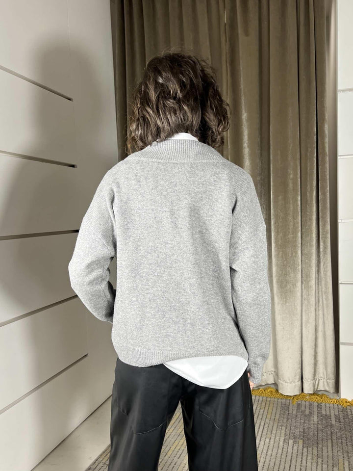 maglione scollo a v grigio over con coste nel collo e nel fondo 100%lana WL785AI25GRIGIO TENSIONE IN