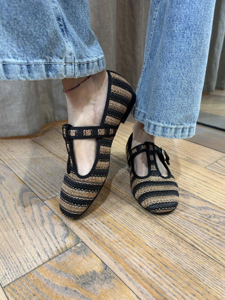 ballerine in rafia con fibbie bicolor nero e cuoio GAMBERO001 iBLUES