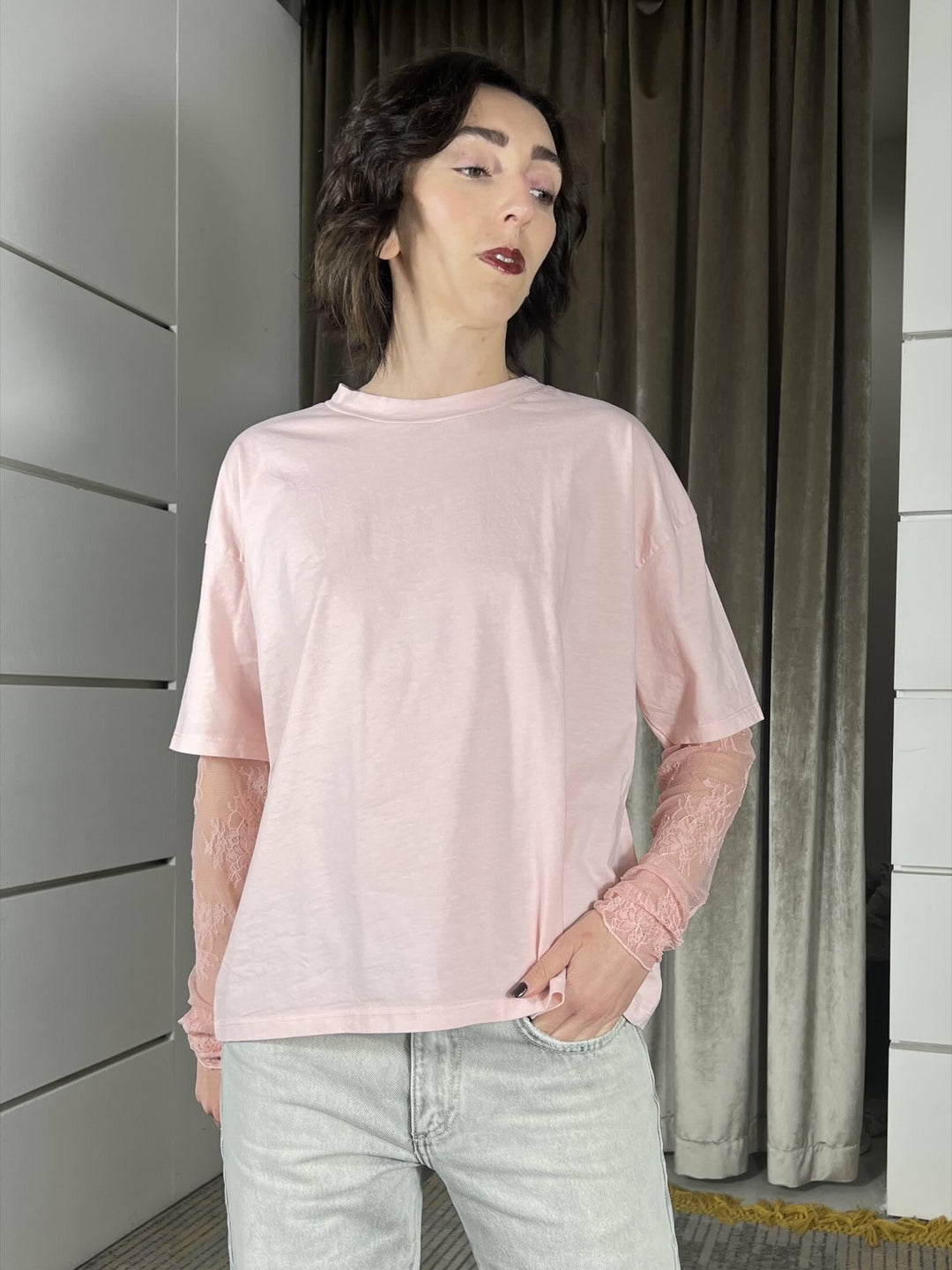 t-shirt  manica corta con manica in pizzo rosa 11073ROSA SUSY MIX