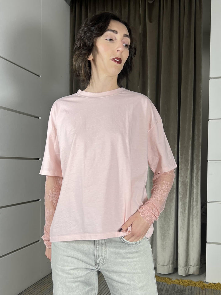 t-shirt  manica corta con manica in pizzo rosa 11073ROSA SUSY MIX