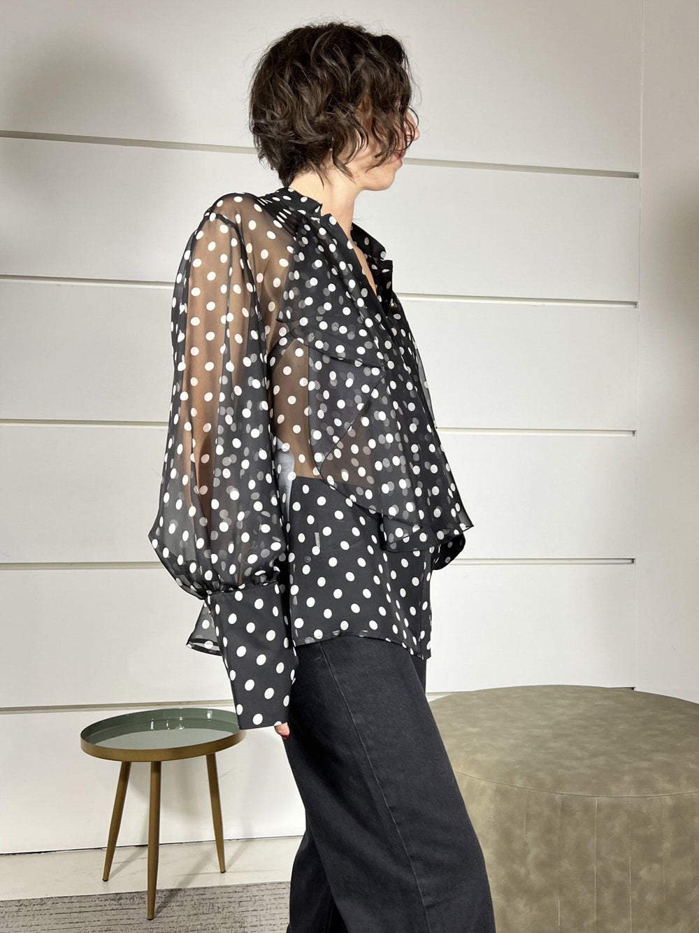 camicia con pois e rouches nera e panna CNE5KHD2908 IMPERIAL