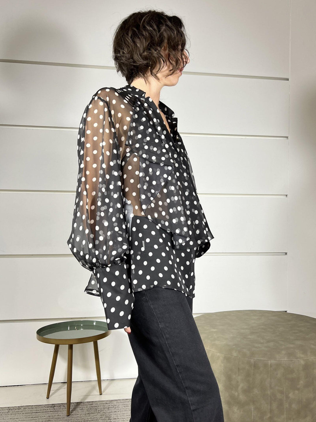 camicia con pois e rouches nera e panna CNE5KHD2908 IMPERIAL