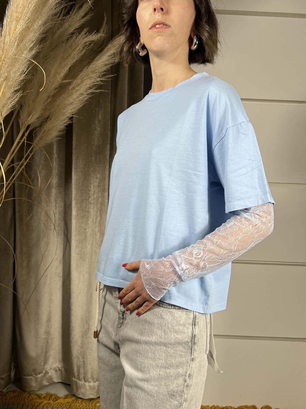 T-SHIRT CELESTE CON MANICA IN PIZZO 11073CELESTE SUSY MIX