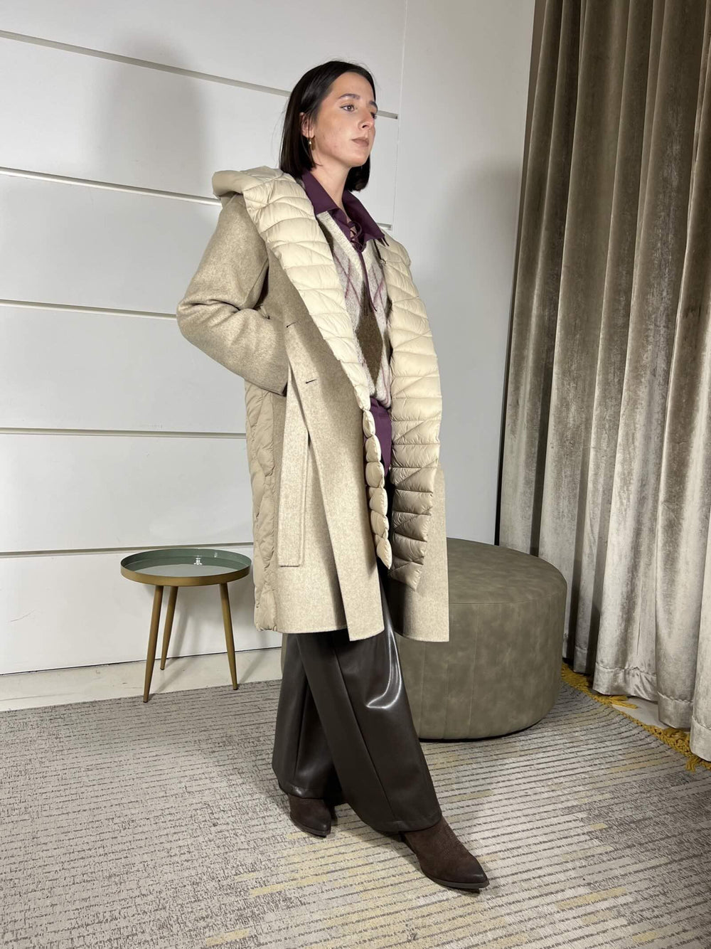 cappotto beige con inserti in piumino con cinta 50% lana hand made TF0028BEIGE VICOLO