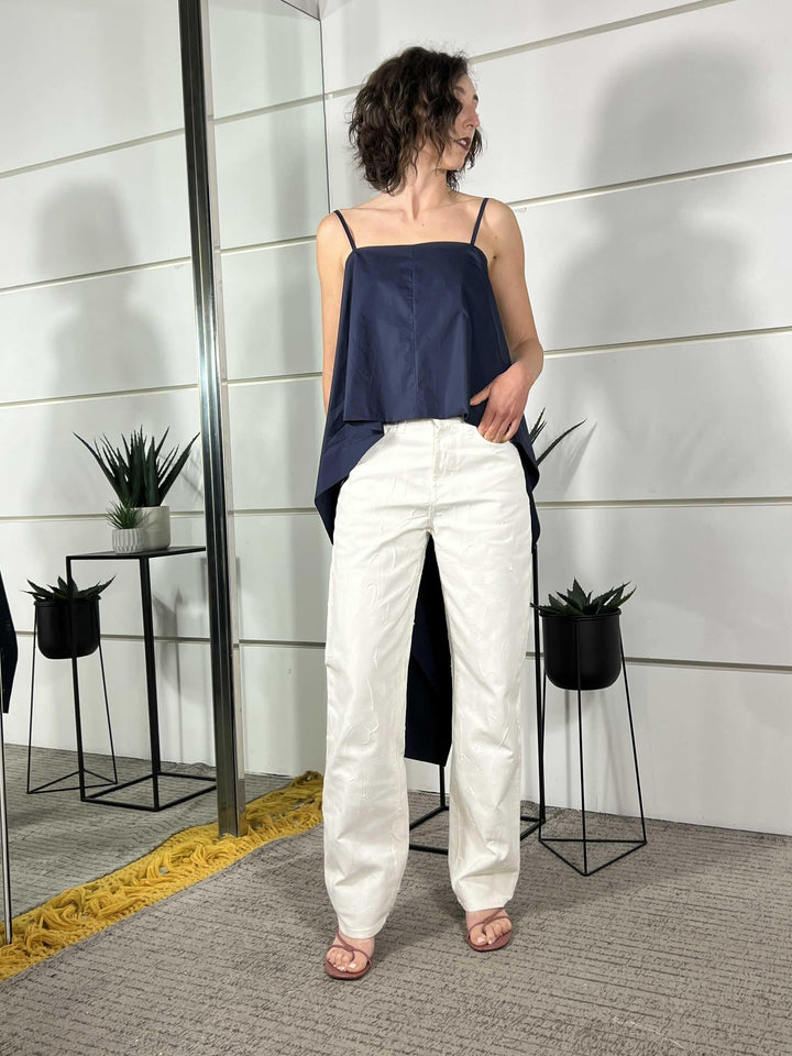 top on cotone con spallina e strascico nel retro blu T50142ATBLU TENSIONE IN