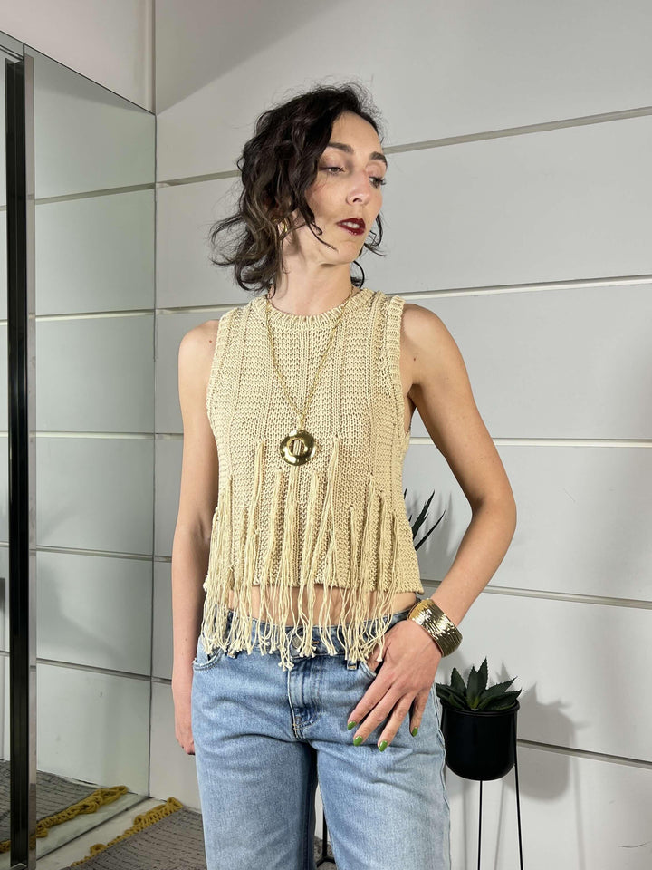 gilet con frange burro in cotone 3AB3024BURRO 04 VICOLO