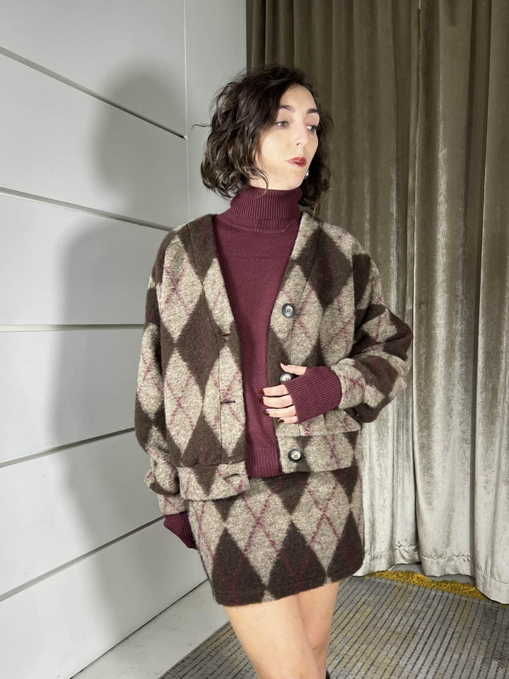 cardigan over spalla scesa tessuto check bordeaux e moro MMA-P236BORDEAUX/MORO HAVE ONE