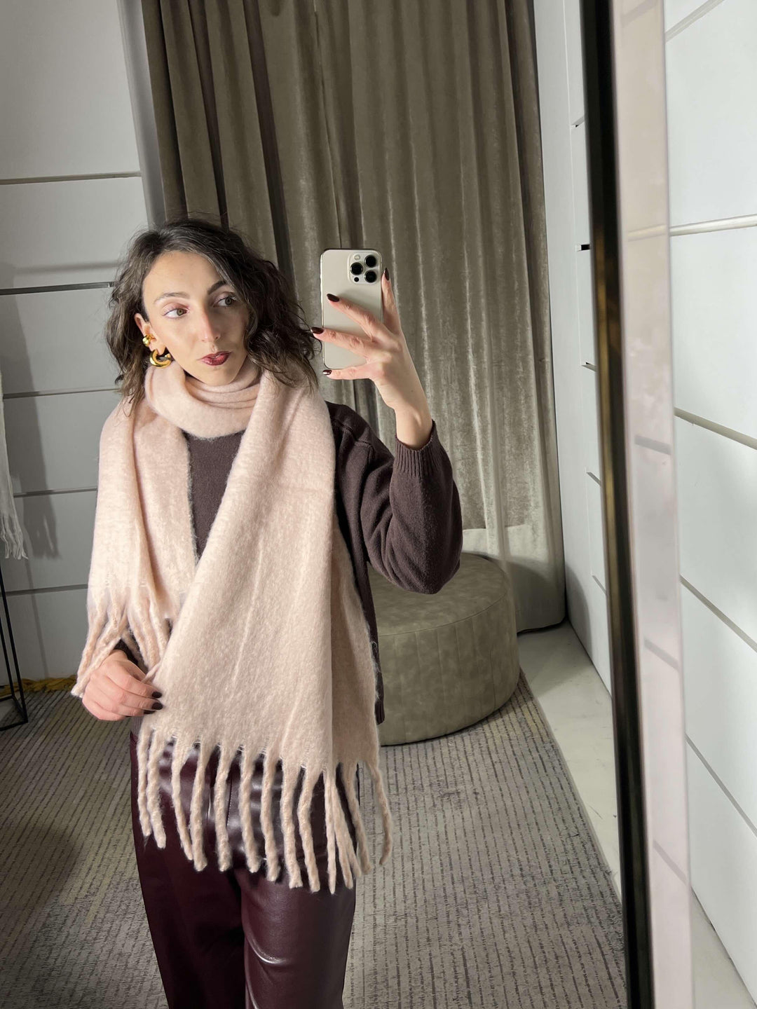 sciarpa con frange rosa in misto lana S21357ROSE FEMME CAFE SELECTION