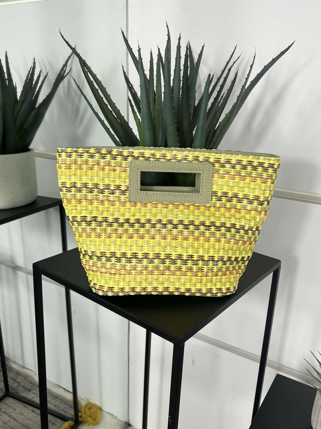 borsa in rafia a mano con inserti in pelle pistacchio RF-BO0188PISTACCHIO FEMME CAFE SELECTION