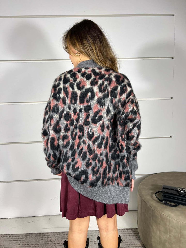 cardigan maculato scollo a v grigio e rosa D80995ROSA TENSIONE IN