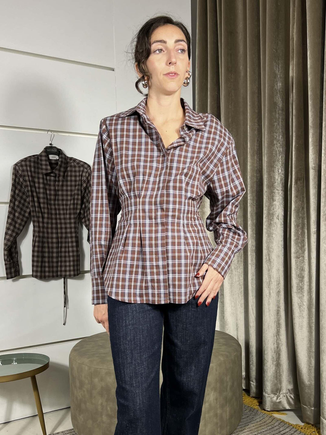 camicia cioccolato a scacchi con spallina sfiancata, laccio nel retro TF1531CIOCCOLATO VICOLO